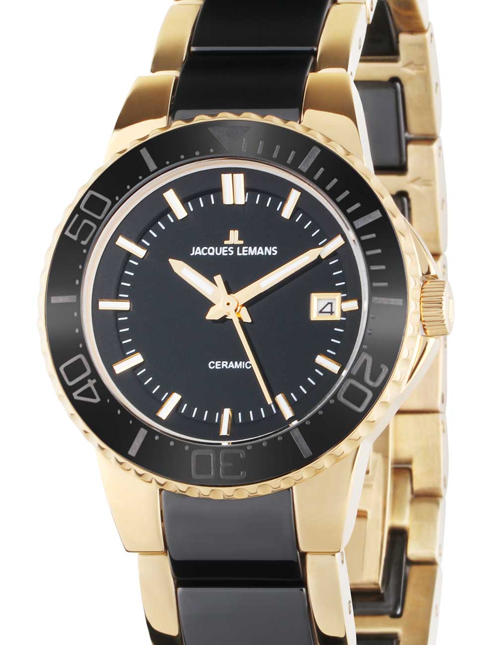 4040662177876 - Keramikuhr JACQUES LEMANS 1-2165C Armbanduhren schwarz (goldfarben schwarz) Damen Quarzuhr Armbanduhr Damenuhr Datum Keramikarmband